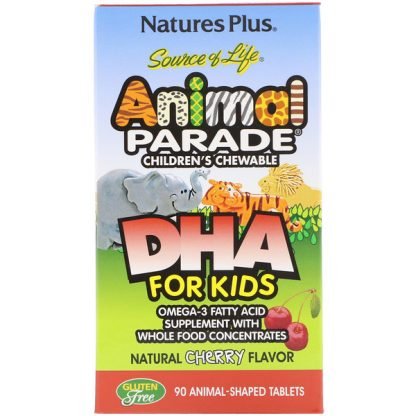 Nature's Plus, ソースオブライフ、子供用DHA、アニマルパレード、子供用チュアブル、天然チェリー味、90 個入