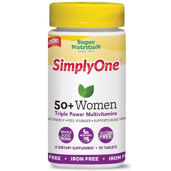 Super Nutrition, SimplyOne(シンプリーワン)、50歳以上の女性用トリプルパワーマルチビタミン、鉄分不使用、タブレット90粒