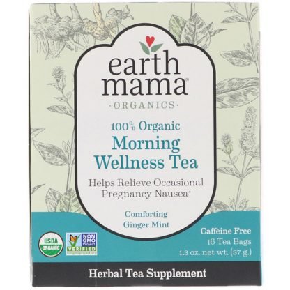 Earth Mama, 100％オーガニックモーニングウェルネスティー、癒しのジンジャーミント、ティーバッグ16個、1.3 oz (37 g)