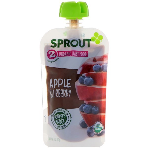 Sprout Organic, ベビーフード、ステージ2、アップル、ブルーベリー、4 oz (113 g)