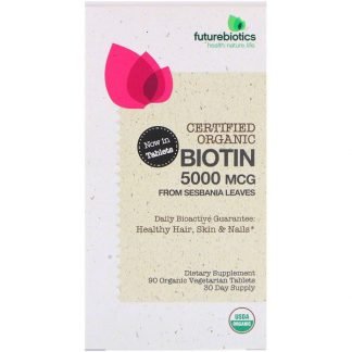 FutureBiotics, 認証オーガニックビオチン、5000 mcg、オーガニックベジカプセル90錠