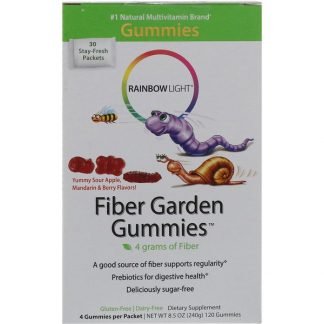Rainbow Light, ファイバーガーデングミ（Fiber Garden Gummies）, 酸っぱいベリー, リンゴ＆ミカン風味, 30パケット, 各4グミ（8 g）