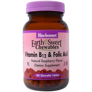 Bluebonnet Nutrition, EarthSweetチュアブル、ビタミンB-12 & 葉酸、天然ラズベリー風味、180チュアブル錠
