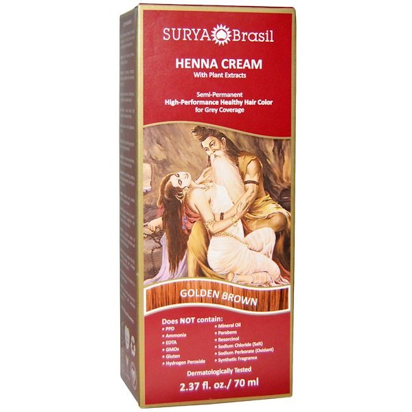 Surya Brasil, ヘナクリーム、 ハイパフォーマンス・ヘルシー白髪染めヘアカラー、 ゴールデンブラウン、 2.37 液量オンス (70 ml)