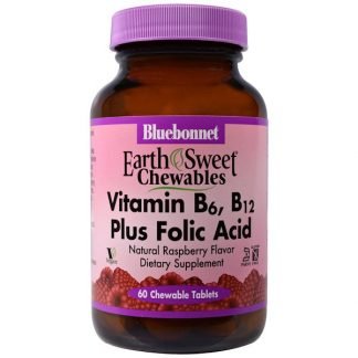 Bluebonnet Nutrition, EarthSweet、ビタミン B-6、 B-12 プラス葉酸、ラズベリー、チュアブル・タブレット60錠