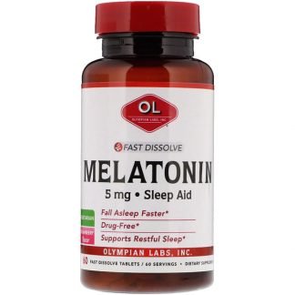 Olympian Labs, メラトニン、速溶性、イチゴ風味、5mg、即効溶解性タブレット60錠