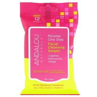 Andalou Naturals, センシティブ、ミセルラ・ワンステップ・フェイシャルクレンジングスワイプ、湿潤タオレット12枚