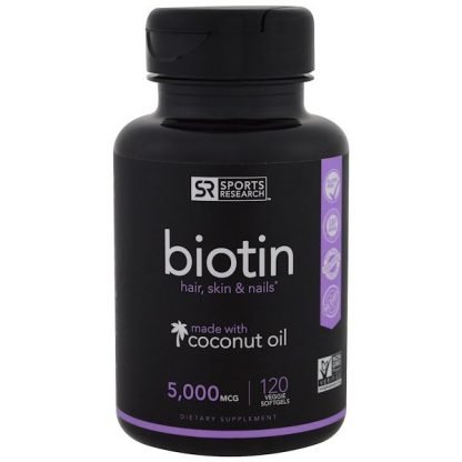 Sports Research, ココナッツオイル配合ビオチン、5,000 mcg、植物性ソフトジェル120粒