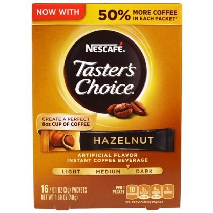 Nescafé, テイスターズチョイス、インスタントコーヒービバレッジ、ヘーゼルナッツ、16パケット、各0.1 oz (3g)