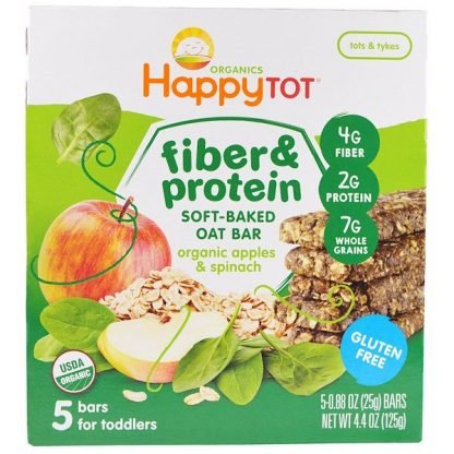 Happy Family Organics, ハッピートット、ファイバー＆プロテイン・ソフトベイクド・オーツバー、オーガニック・リンゴ、ホウレンソウ、5本、0.88オンス（25g）