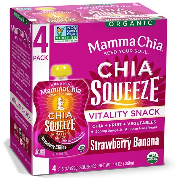 Mamma Chia, オーガニックチアスクイーズ, バイタリティースナック, イチゴ バナナ, 4スクイーズ, 各3.5オンス(99 g)