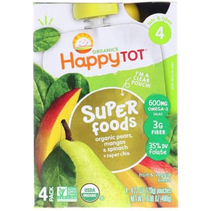 Happy Family Organics, オーガニックハッピートット, スーパーフード, オーガニックペア, マンゴ＆スピナッチ＋スーパーチア, ステージ4, 4パック, 各4.22オンス (120 g)