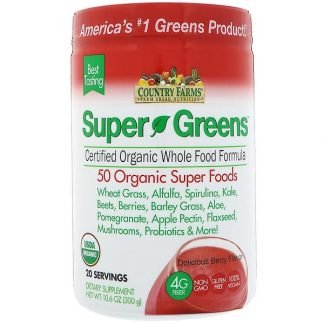 Country Farms, スーパーグリーンズ、認証オーガニック自然食品フォーミュラ、おいしいベリーフレーバー、10.6 oz (300 g)