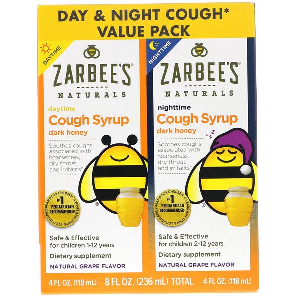 Zarbee's, ナチュラルズ, 子ども用咳止めシロップ, ダークハニー配合, 昼間・夜間用パック, 天然グレープ風味, 各118 ml(4 fl oz)