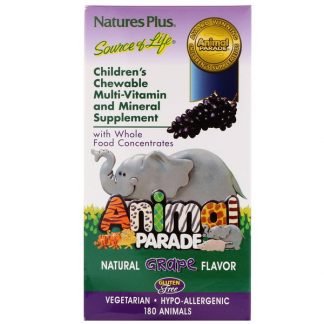 Nature's Plus, チルドレンズ・チュワブル・マルチビタミン & ミネラルサプリメント, ナチュラル・グレープ味, 動物形 180個
