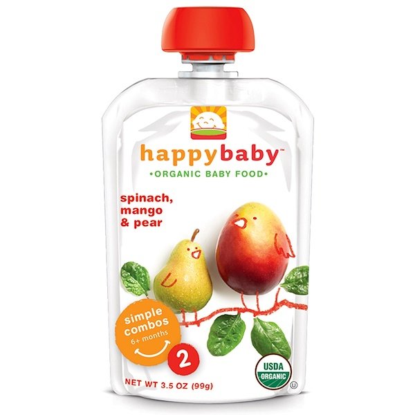 Happy Family Organics, オーガニック・ベビーフード、ステージ 2、生後6ヶ月以上、ほうれんそう、マンゴー & ナシ、3.5オンス(99 g)