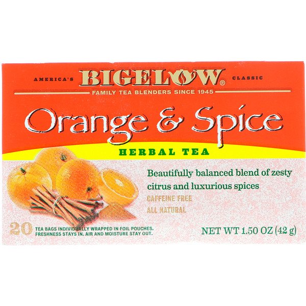 Bigelow, ハーブ ティー、 オレンジ &スパイス、 カフェインレス、 20ティーバッグ、 1.50 oz (42 g) (Discontinued Item)