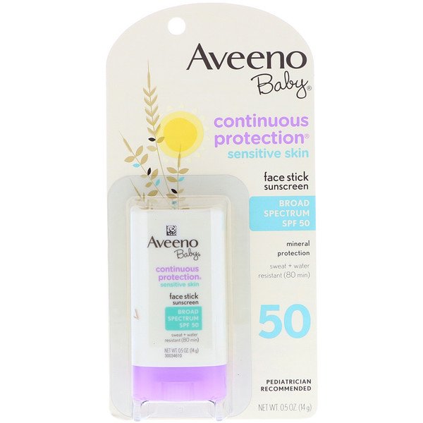 Aveeno, 赤ちゃん, 自然な保護, フェイススティック日焼け止め, ブロードスペクトラムSPF50, 0.5オンス (14 g)