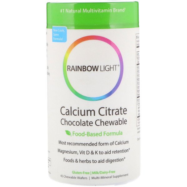 Rainbow Light, クエン酸カルシウム、チョコレート チュアブル、食事ベースのフォーミュラ、45 チュアブル ウエハー