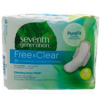 Seventh Generation, フリー & クリアー、羽根付き極薄パッド、スーパーロング、16パッド
