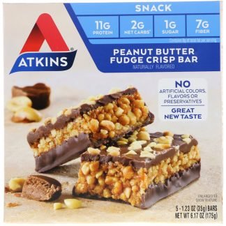 Atkins, スナック、ピーナッツバターファッジクリスプバー、5本、各1.2オンス（35 g）