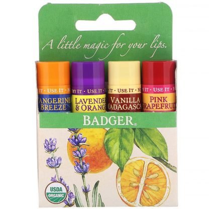 Badger Company, オーガニッククラシック リップバーム、グリーンボックス、4本入り、各4.2g（0.15oz）