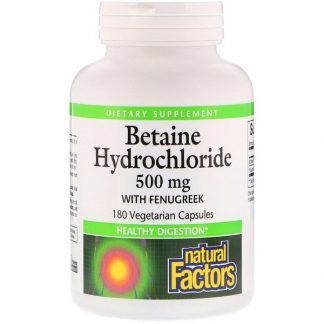 Natural Factors, ベタイン塩酸塩、フェヌグリーク入り、500mg、植物性カプセル180粒