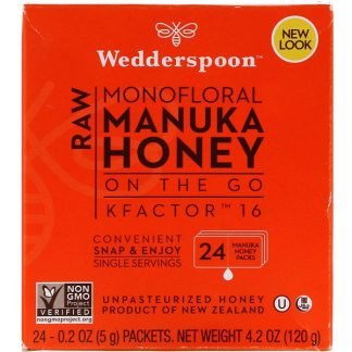 Wedderspoon, Raw Monofloral Manuka Honey, KFactor 16, 24 Packs, 0.2 oz (5 g) Each