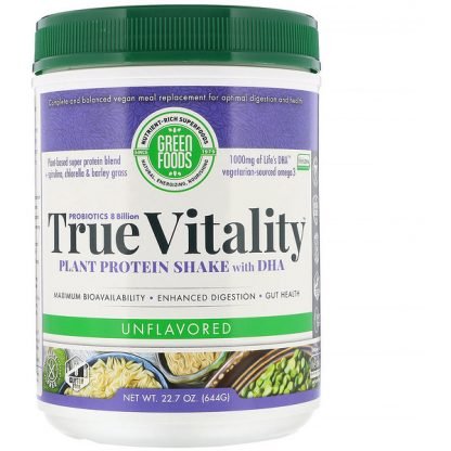 Green Foods , True Vitality、プラント・プロテイン・シェイク、 DHA配合、味付け無し、22.7 oz (644 g) (Discontinued Item)