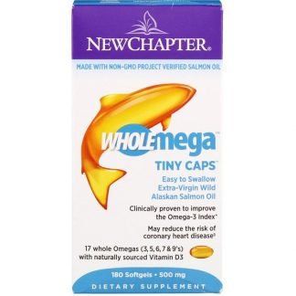 New Chapter, ホールメガ、エキストラバージン野生アラスカサーモン、ホールフィッシュオイル、小型カプセル、500mg、ソフトゲル180個