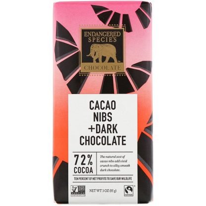 Endangered Species Chocolate, Cacao Nibs + Dark Chocolate, 3 oz (85 g)