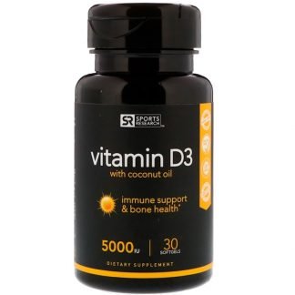 Sports Research, ココナッツオイル入りビタミンD3、125mcg（5000IU）、ソフトジェル30粒