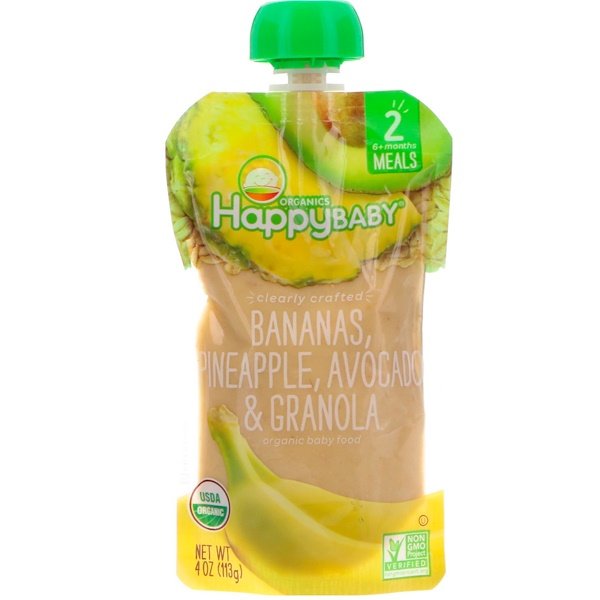 Happy Family Organics, Organic Baby Food, Stage 2, Clearly Crafted, 6+, Bananas, Pineapple, Avocado & Granola, 4 oz (113 g)