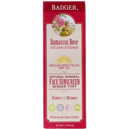 Badger Company, Natural Mineral Face Sunscreen, Sheer Tint, SPF 25, Damascus Rose, 1.6 fl oz (47 ml)