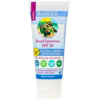 Badger Company, 天然ミネラルサンスクリーンクリーム、クリア亜鉛、SPF30、無香料、2.9 fl oz (87 ml)