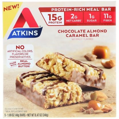 Atkins, ミールバー、チョコレートアーモンドキャラメルバー、5本、各1.69オンス（48 g）