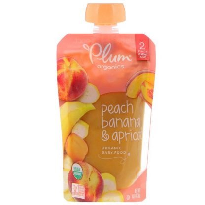 Plum Organics, オーガニックベビーフード、ステージ2、ピーチ、バナナ＆アプリコット、4オンス (113 g)