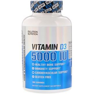 EVLution Nutrition, ビタミンD3、5000IU、360ソフトジェル