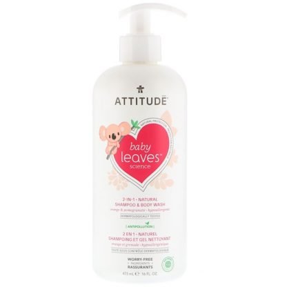 ATTITUDE, ベイビーリーブスサイエンス、2イン1のナチュラルシャンプー&ボディウォッシュ、オレンジ&ザクロ、473ml（16 fl oz）
