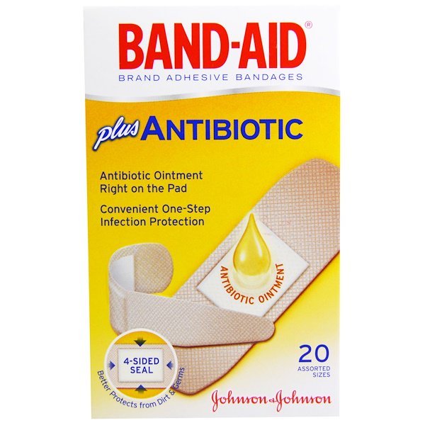 Band Aid, 絆創膏、抗生物質付き、異なるサイズ、20枚