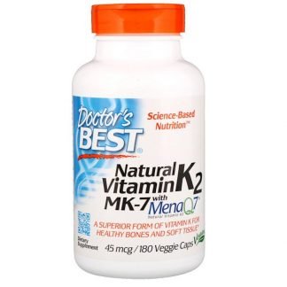 Doctor's Best, ナチュラルビタミンK2 MK-7・MenaQ7入り、45mcg、植物性カプセル180錠