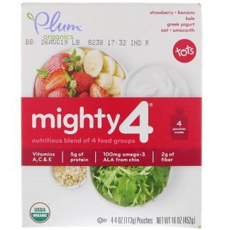 Plum Organics, 幼児用、マイティー4、4つの食品グループのブレンド、ストロベリー - バナナ、ケール、ギリシャヨーグルトオーツ、アマランサス、4ポーチ、各4オンス (113 g)