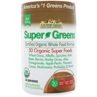 Country Farms, スーパーグリーンズ、認証オーガニック自然食品フォーミュラ、おいしいチョコレートフレーバー、10.6 oz (300 g)