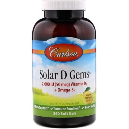 Carlson Labs, Solar DGems、ビタミンD3＋オメガ3群、天然レモン風味、2,000IU、ソフトジェル360粒