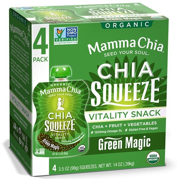 Mamma Chia, オーガニックチアスクイーズ, バイタリティースナック, グリーンマジック, 4ポーチ, 各3.5オンス(99 g)