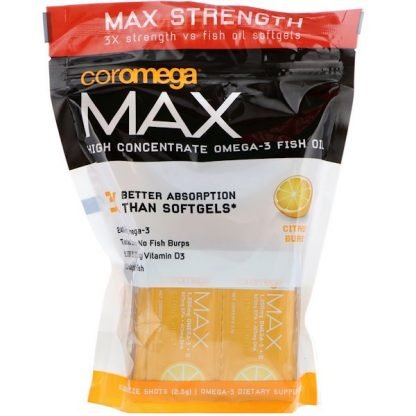Coromega, マックス、高度濃縮オメガ3フィッシュオイル、シトラスバースト、スクイーズショット60個、各（2.5 g）
