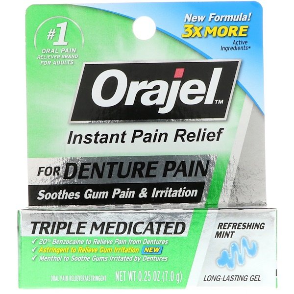 Orajel, 入れ歯の痛み向けの速効性鎮痛剤、トリプルメディケイドジェル、爽やかミント、0.25 oz (7.0 g)
