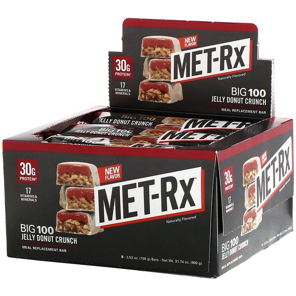 MET-Rx, MET-Rx Big 100, Meal Replacement Bar, Jelly Donut Crunch, 9 bars, 3.52 oz (100 g) Each