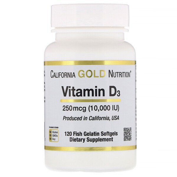California Gold Nutrition, ビタミンD3、250 mcg(10,000 IU)、魚ゼラチンソフトジェル120粒