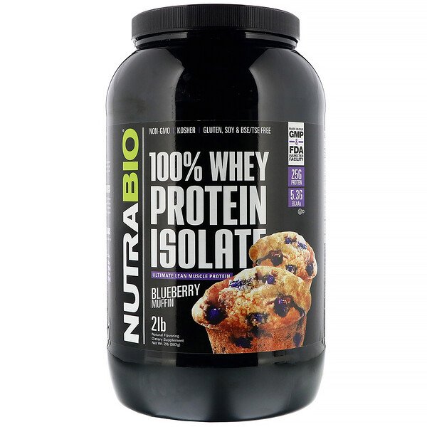 NutraBio Labs, 100%ホエイプロテインアイソレート、ブルーベリーマフィン、907 g(2 lb)